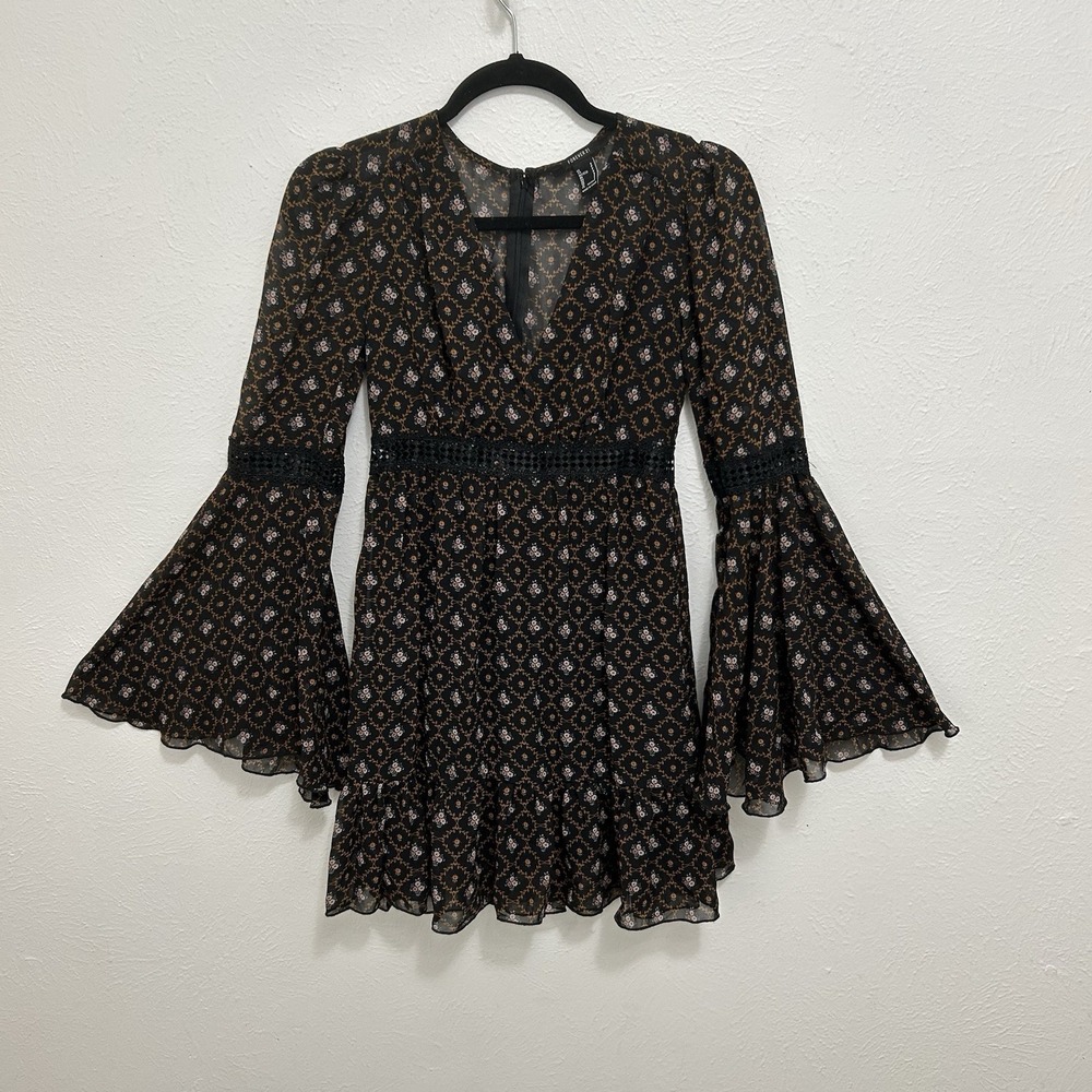 Brown Floral Bell Sleeve Boho Whimsigoth Cutout Mini Dress Dark Fairy Forest Sm